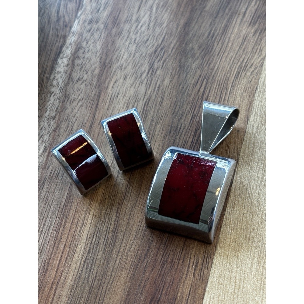 Sterling Silver 925 Necklace Pendant and Earrings Set Red Jasper